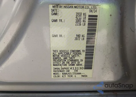 2014 Nissan Altima 2.5/2.5 S/2.5 Sl/2.5 Sv z USA, uszkodzony, nr VIN 1N4AL3APXEC413130